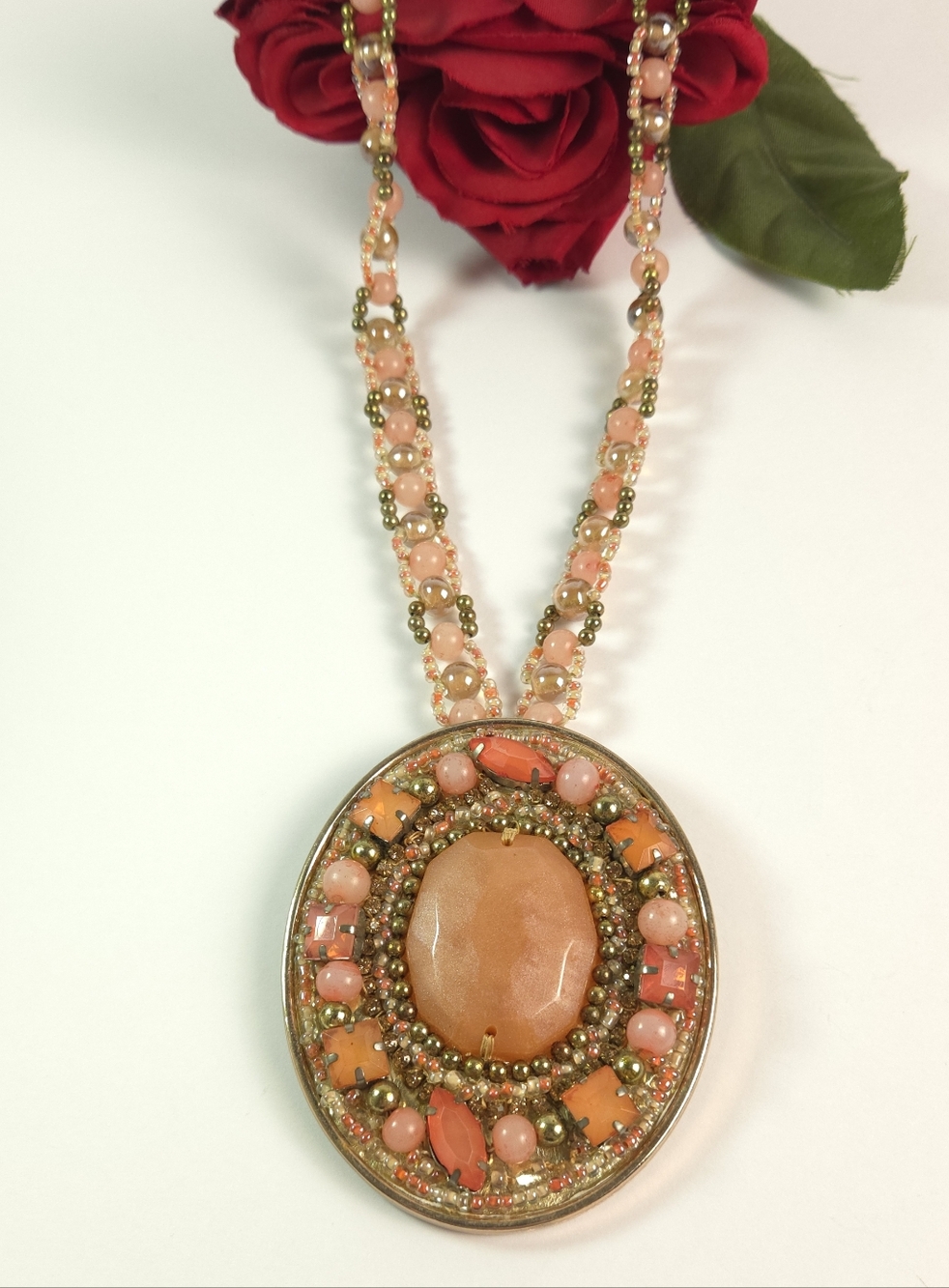 Vintage Chicos Peach Orange Crystal Beaded Pendant Necklace Statement Necklace